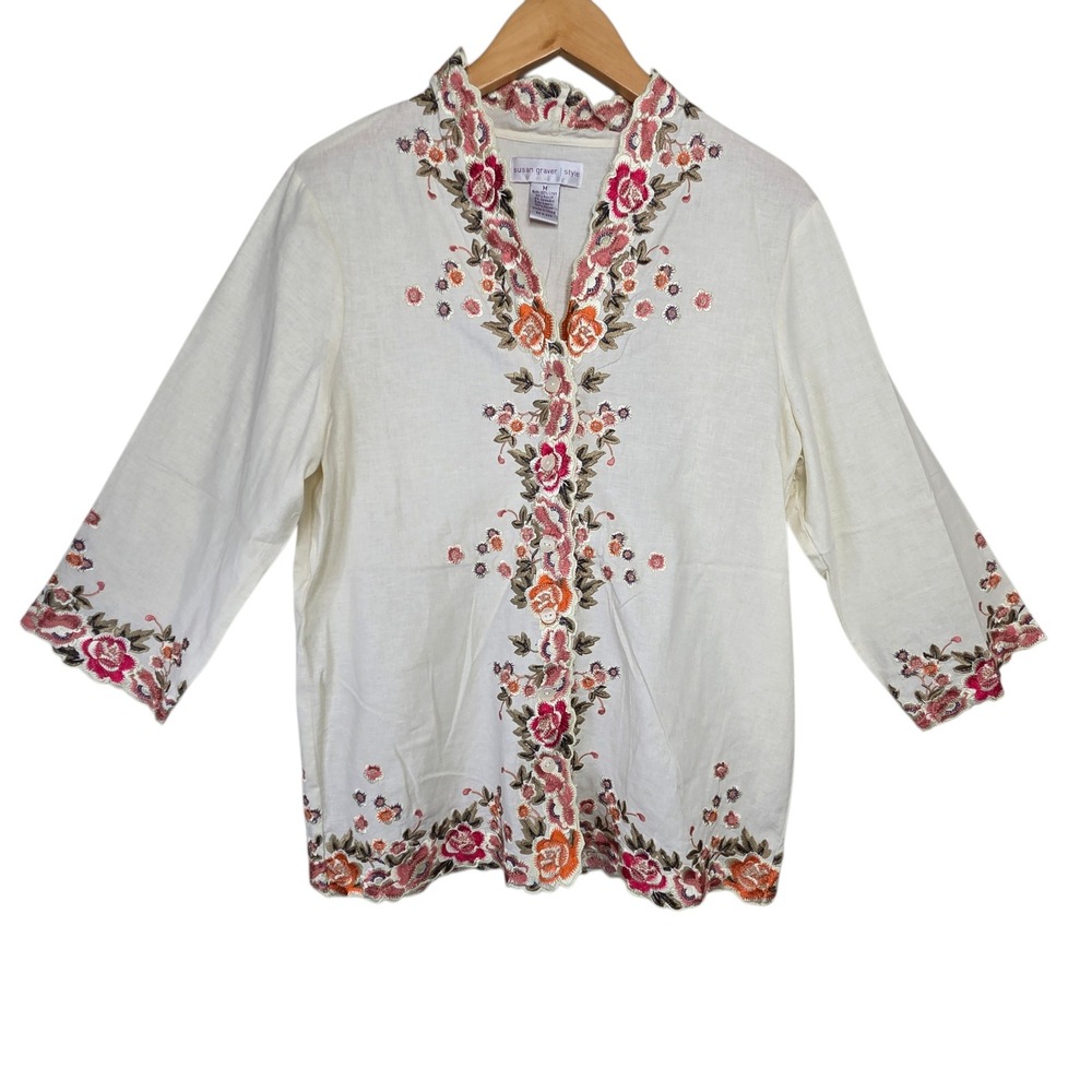 Susan Graver Ivory Linen Blend Floral Embroidered Button Up Blouse SZ M Boho‎